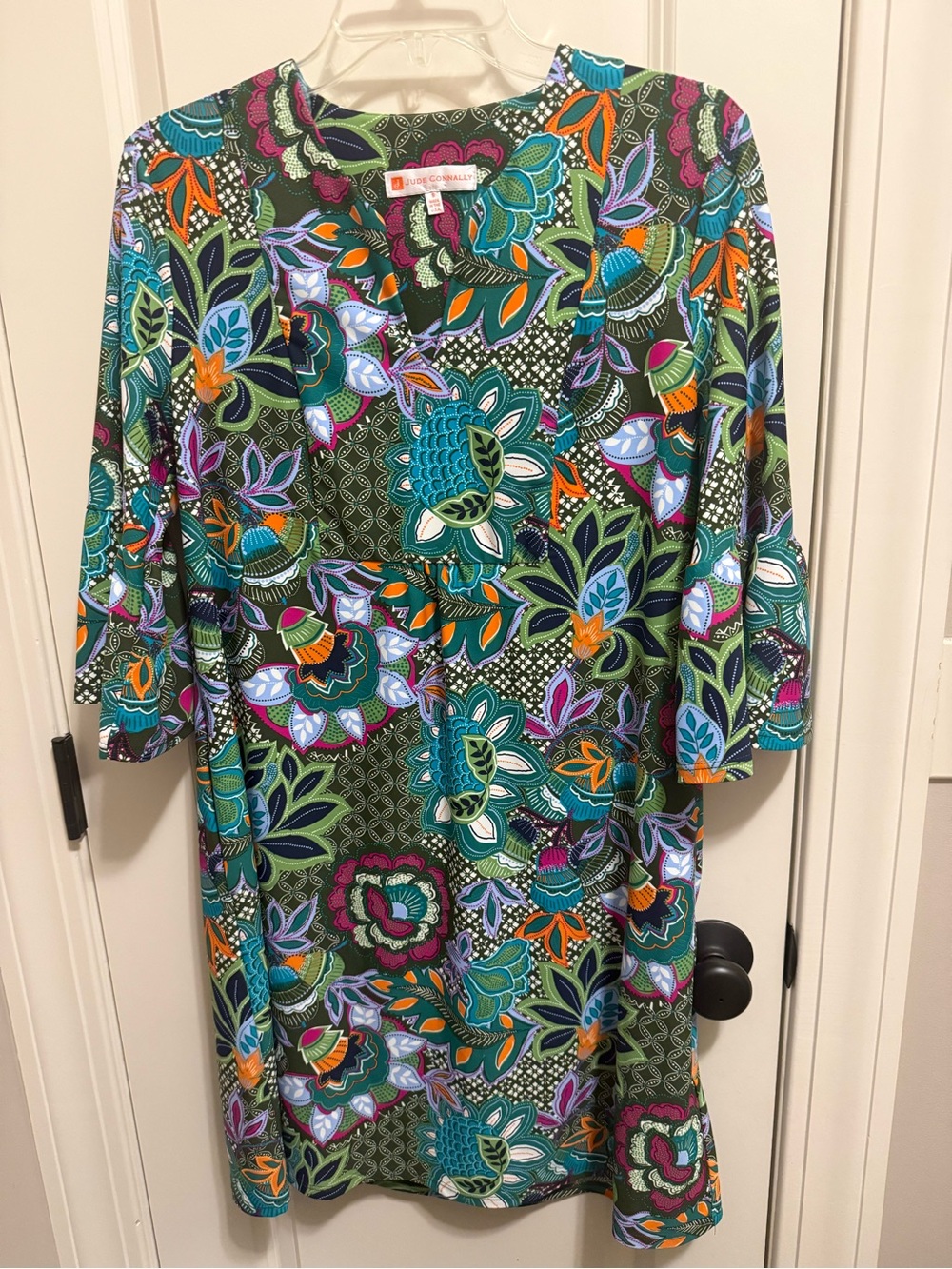 Small Floral Print Shift Dress in Teal, Turquoise, & Black by Jude Connally